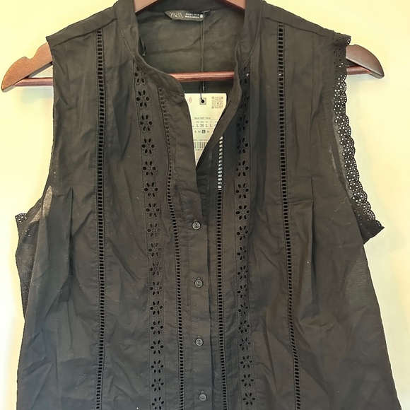 ZARA Embroidered Lace Trim Shirt — Black | Size Large | New With Tags - Picture 1 of 6